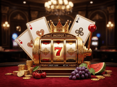 Interfaz de casino de lujo con temática de terciopelo cereza y máquinas tragamonedas doradas